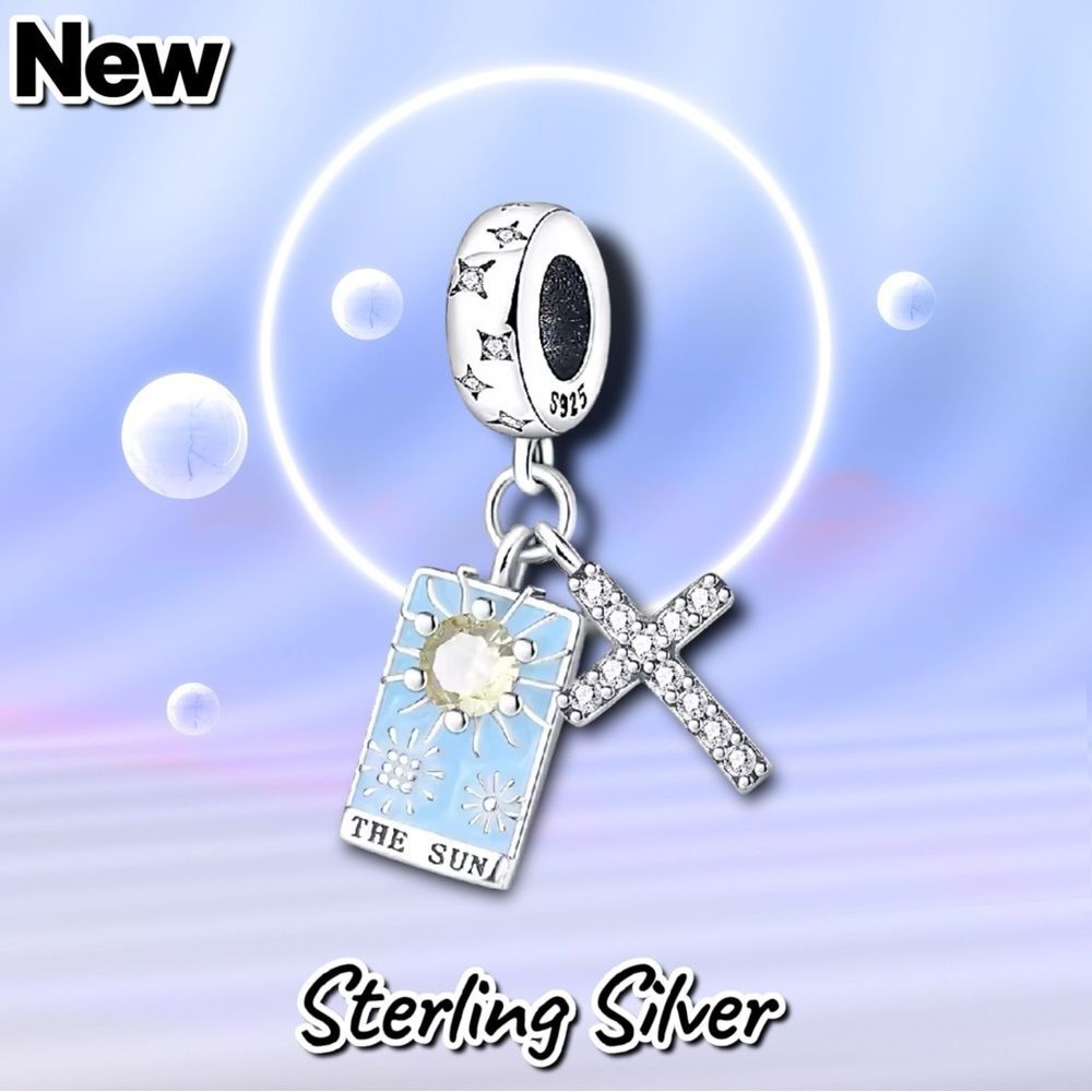NEW 925 Sterling Silver “The Sun” Tarot Card Charm – Light Blue with Crystal Cro